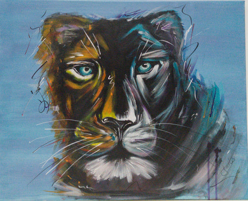 Original Black Panther painting with vivid blue eyes, 40 × 50 cm