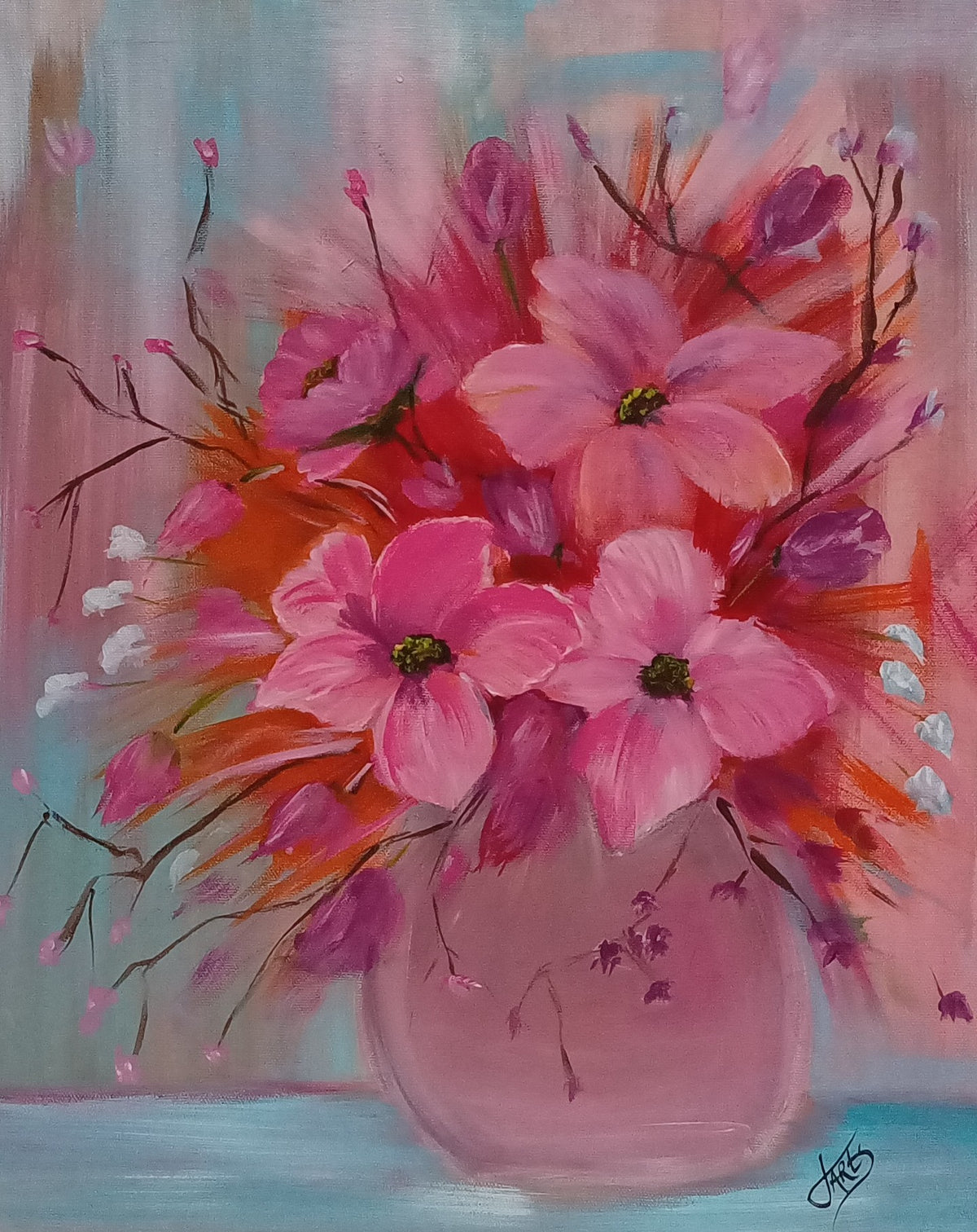 Original Pink Flowers painting, 40 × 50 cm