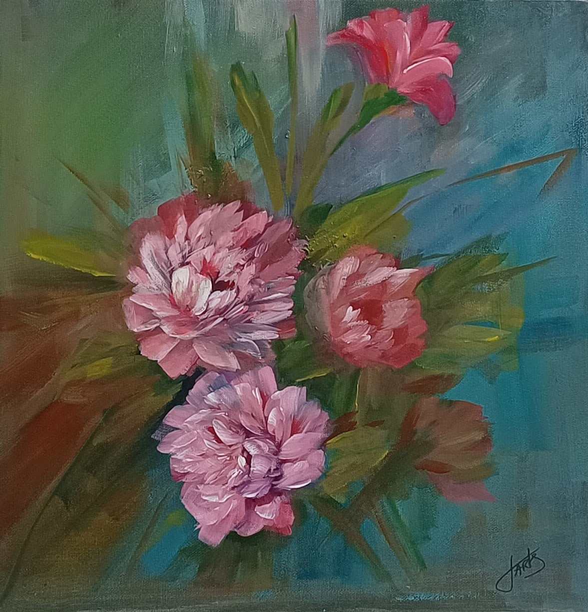 Original Carnations painting, 40 × 40 cm