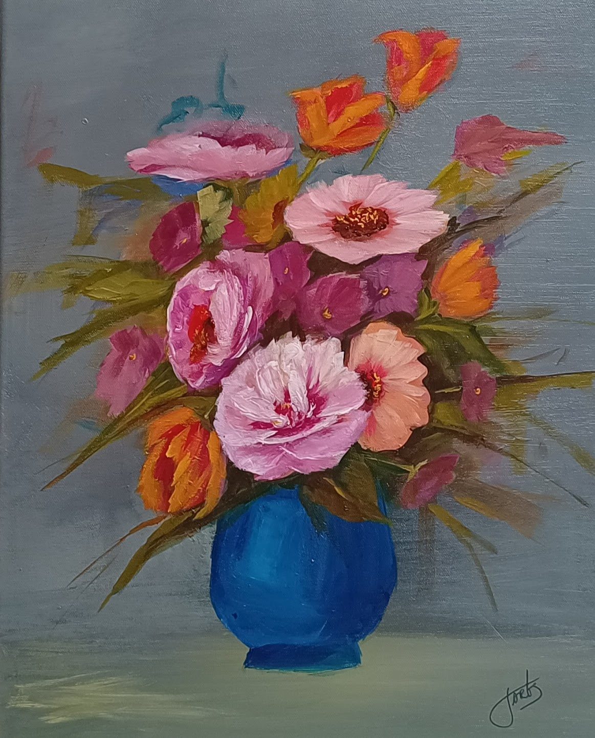 Original Flowers in blue vase painting, 40 × 50 cm