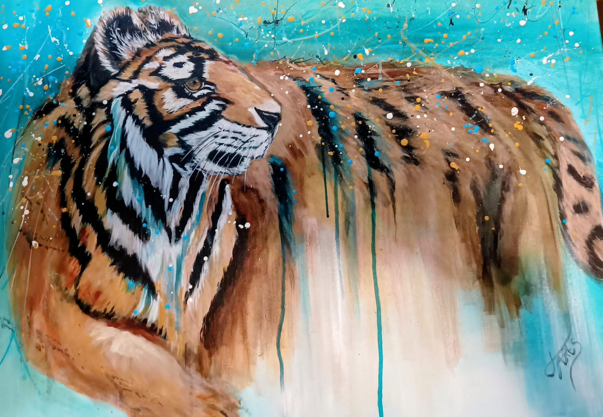 Tiger on Turquoise - Original Painting 55 x 75 cm